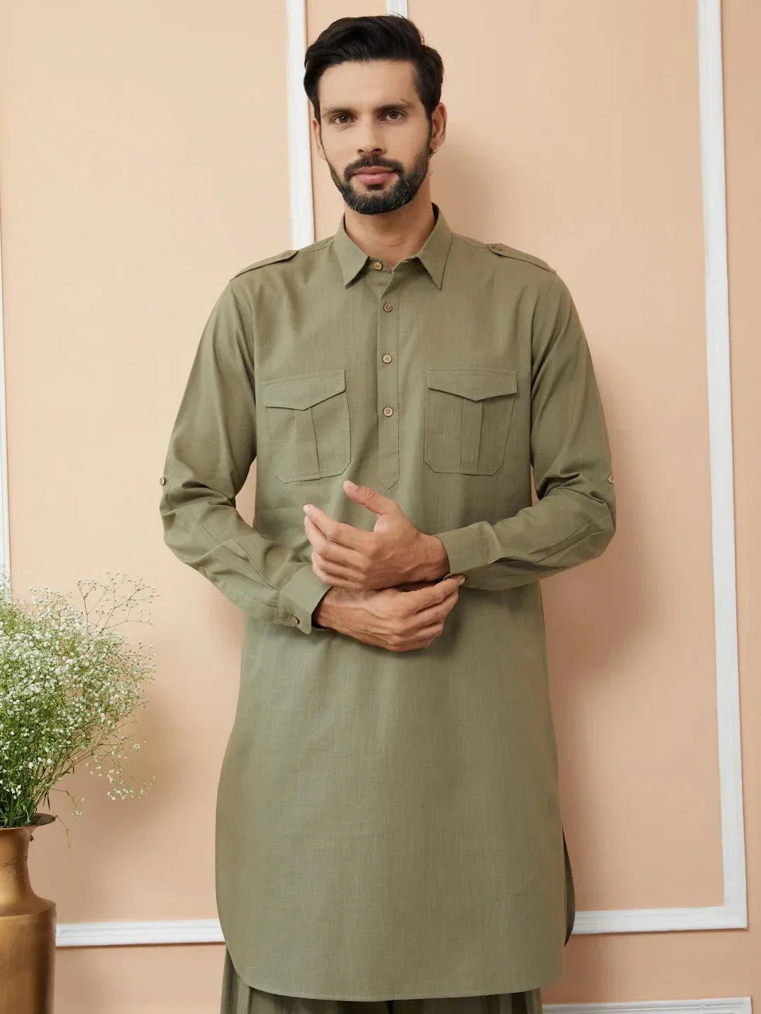 Fabmade Olive Cotton Linen Pathani Kurta With Salwar | Grocsy