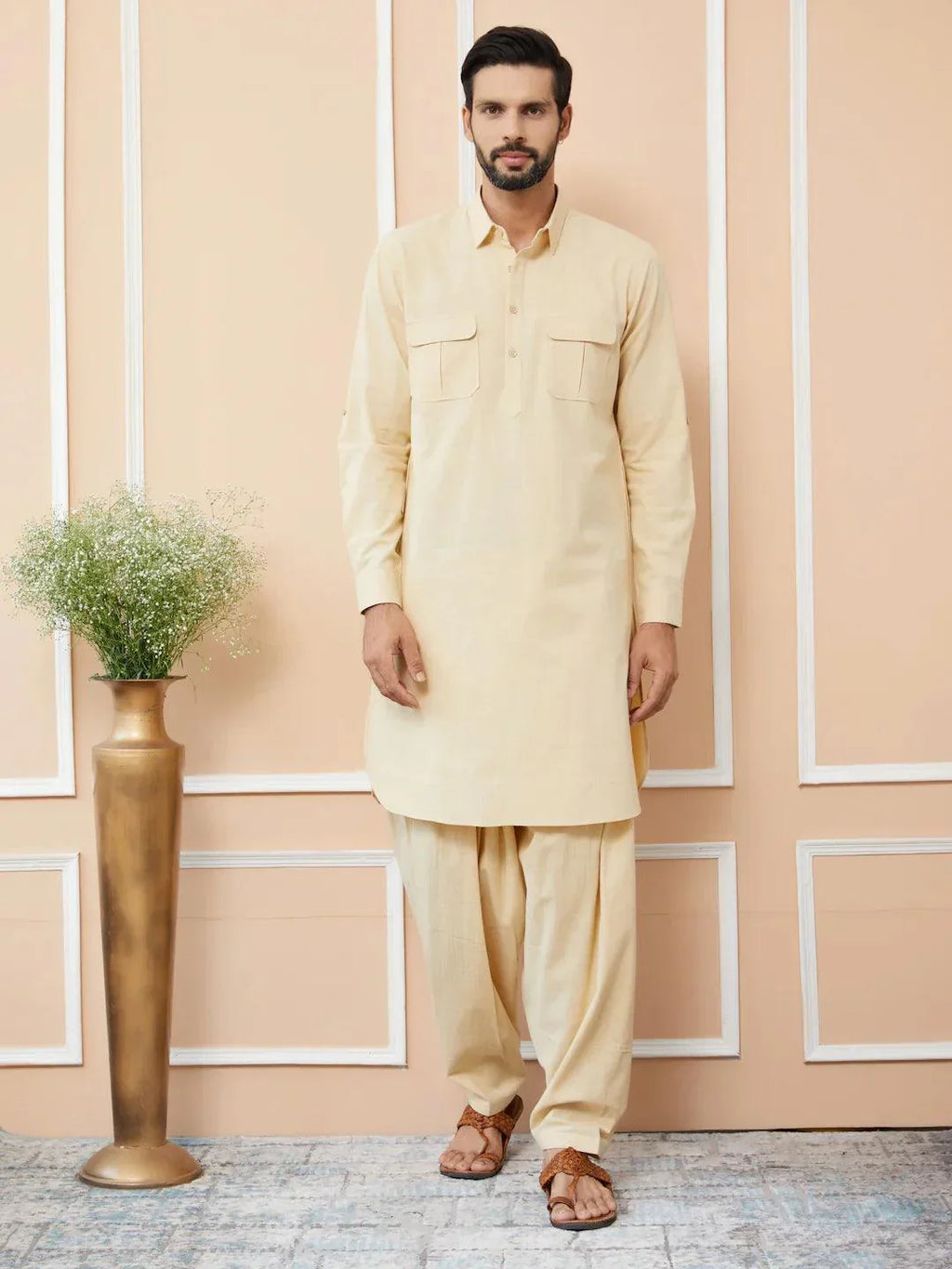 Fabmade Beige Cotton Linen Pathani Kurta With Salwar | Grocsy