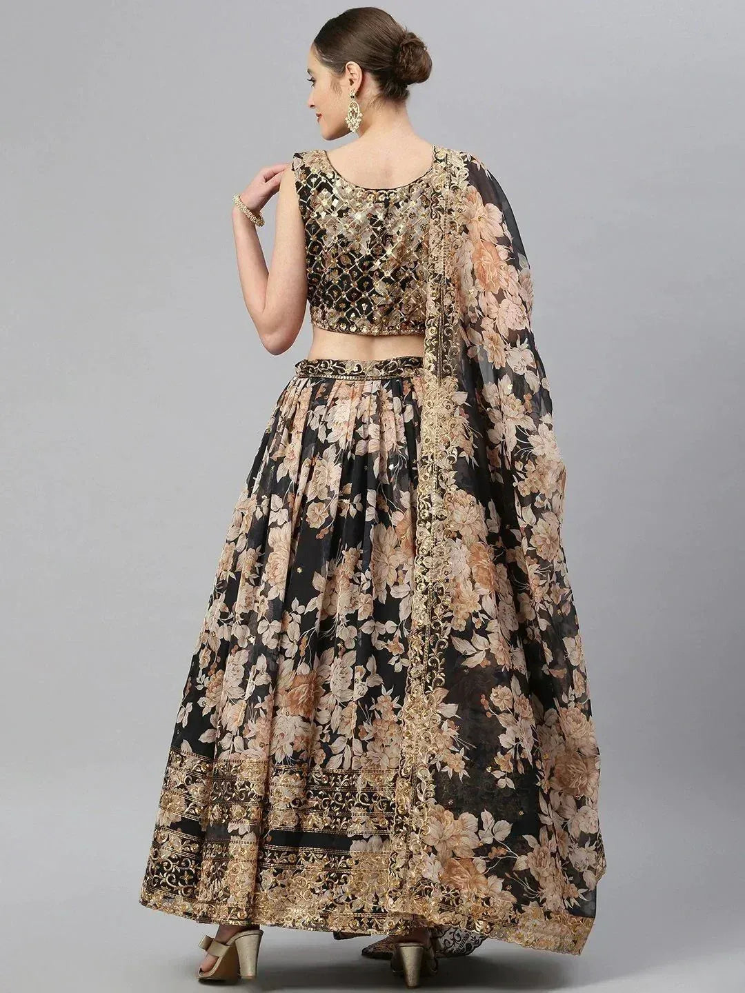 Tulsi Art Black & Beige Embellished Sequinned Semi-Stitched Lehenga & Unstitched Blouse | Grocsy
