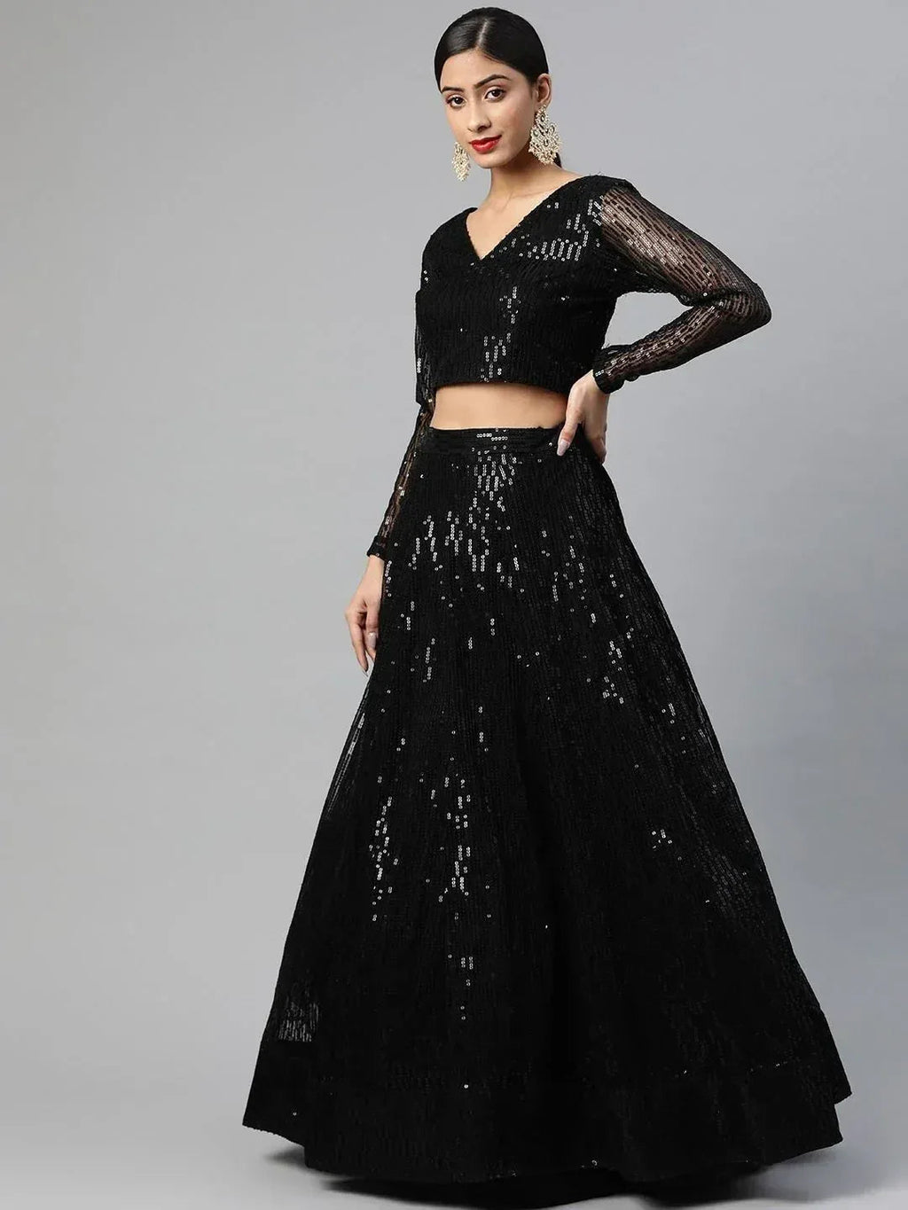 Tulsi Art Black Embroidered Sequinned Semi-Stitched Myntra Lehenga & Blouse With Dupatta | Grocsy