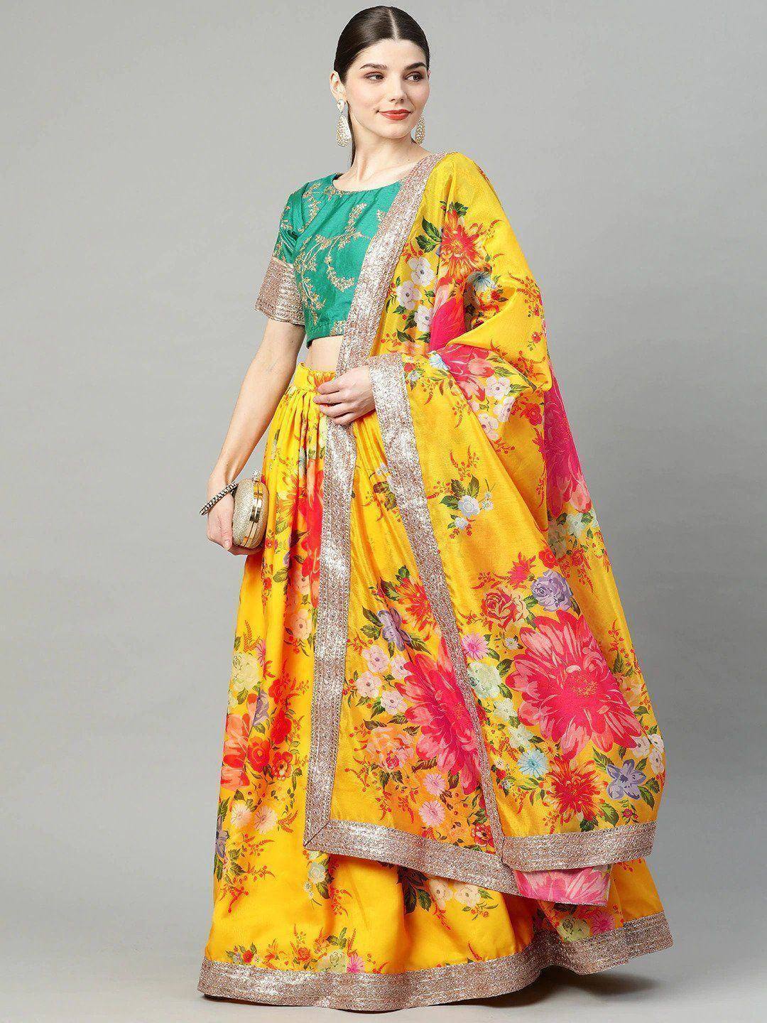 Tulsi Art Mustard Yellow Semi-Stitched Myntra Lehenga & Unstitched Blouse With Dupatta | Grocsy