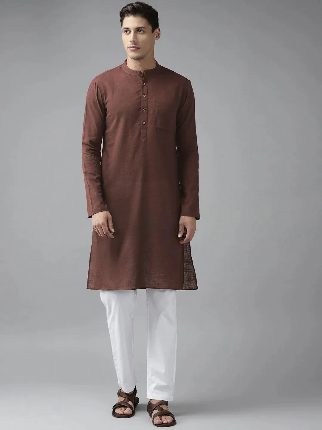 Fabmade Men Brown Cotton Linen Kurta | Grocsy