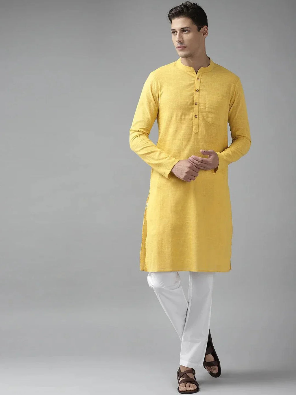 Fabmade Men Yellow Cotton Linen Kurta Pyjama | Grocsy