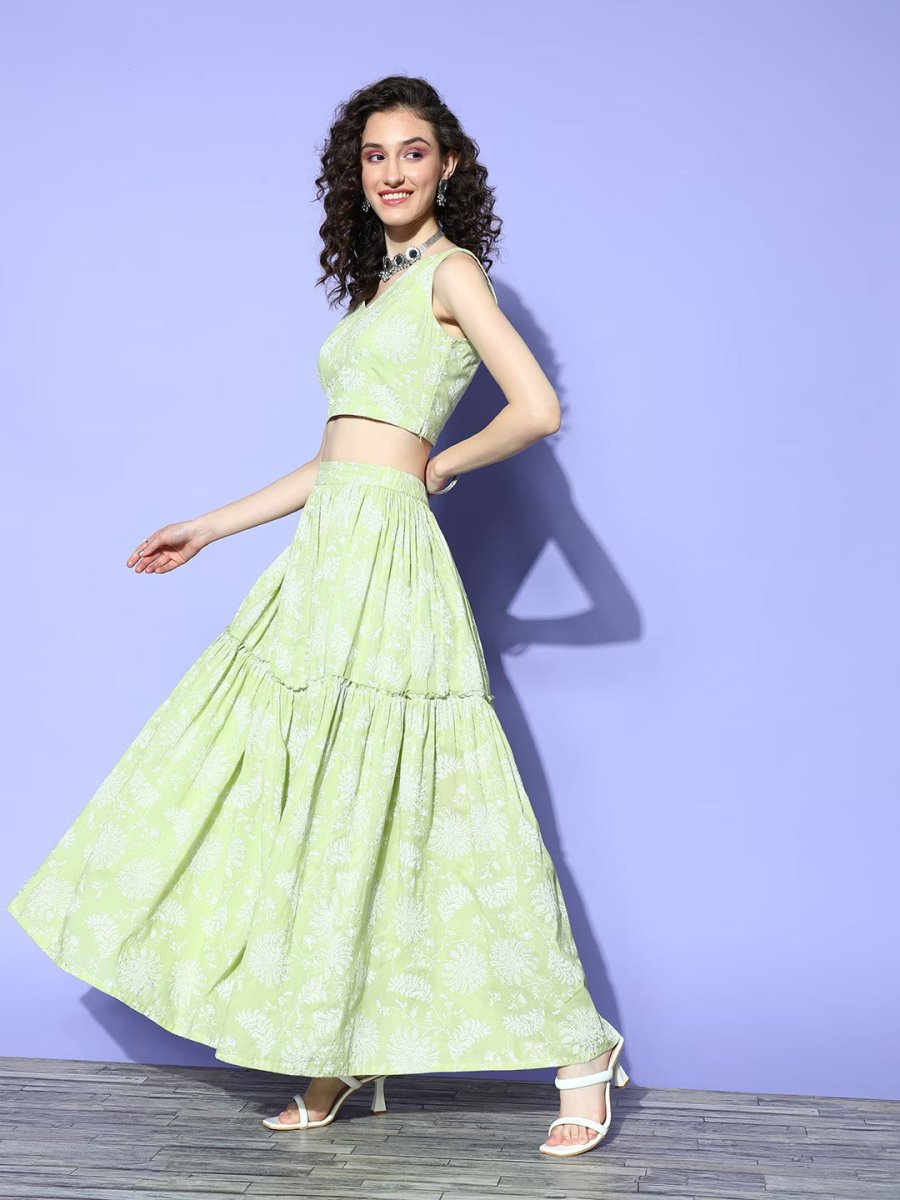 Ahalyaa Pure Cotton Green & White Printed Khari Print Ready to Wear Lehenga & Blouse With Dupatta | Grocsy