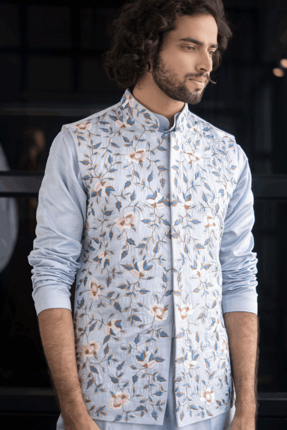 Powder Blue Designer Men's Nehru Jacket by Hilo Design | Grocsy