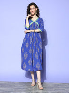 Ahalyaa Blue Floral Print Midi Empire Ethnic Dress | Grocsy