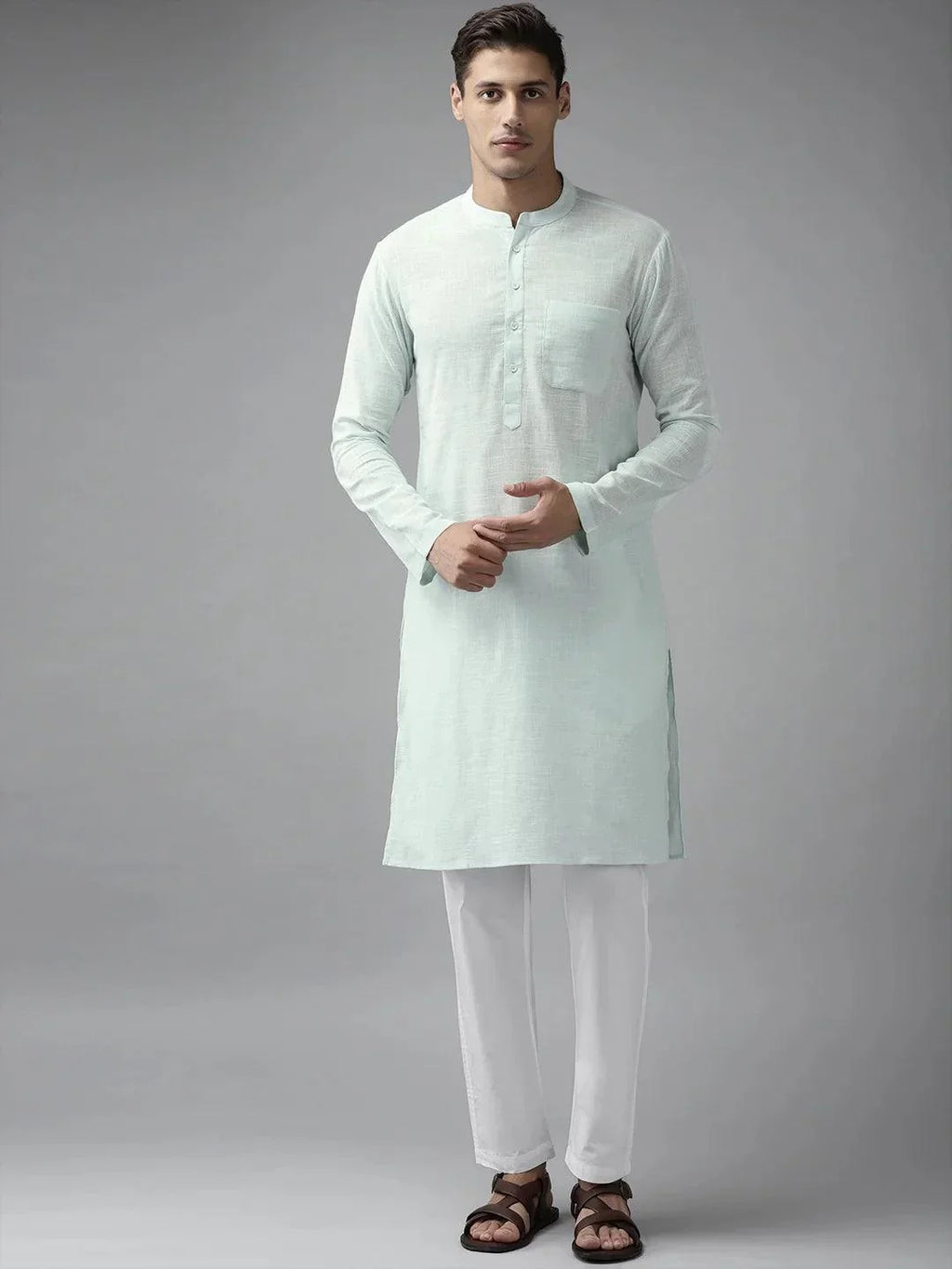 Fabmade Men Sky Blue Cotton Linen Kurta Pyjama | Grocsy