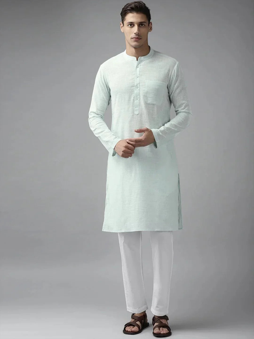 Fabmade Men Sky Blue Cotton Linen Kurta Pyjama | Grocsy