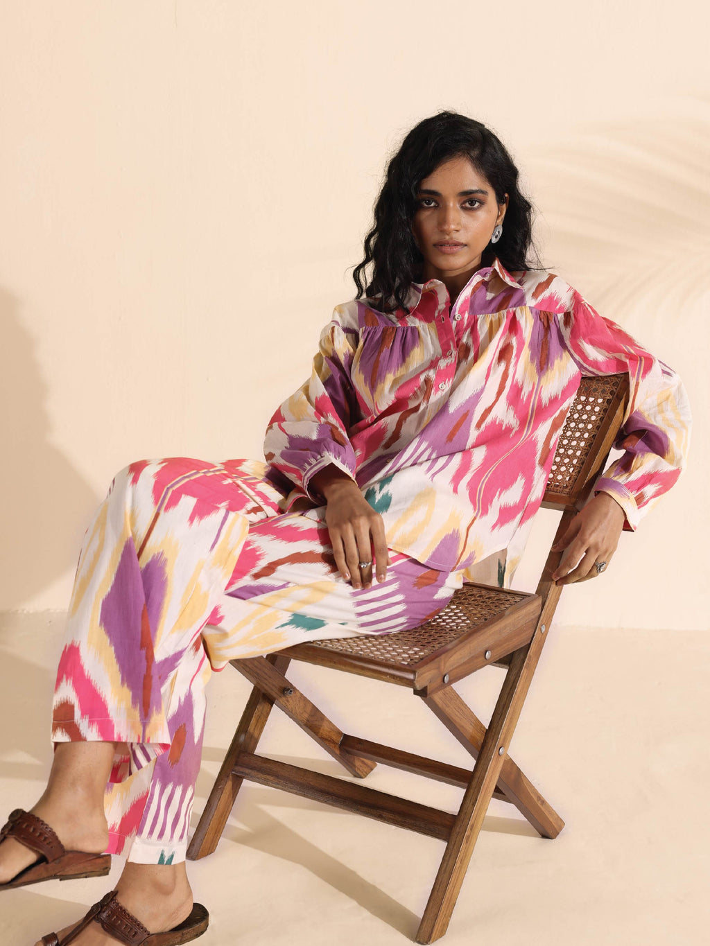 trueBrowns Pink Cotton Ikat Shirt Co-ord Set | Grocsy