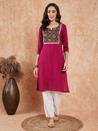 InWeave Women's Wine Printed Neck Patch Work Straight Kurta | Grocsy