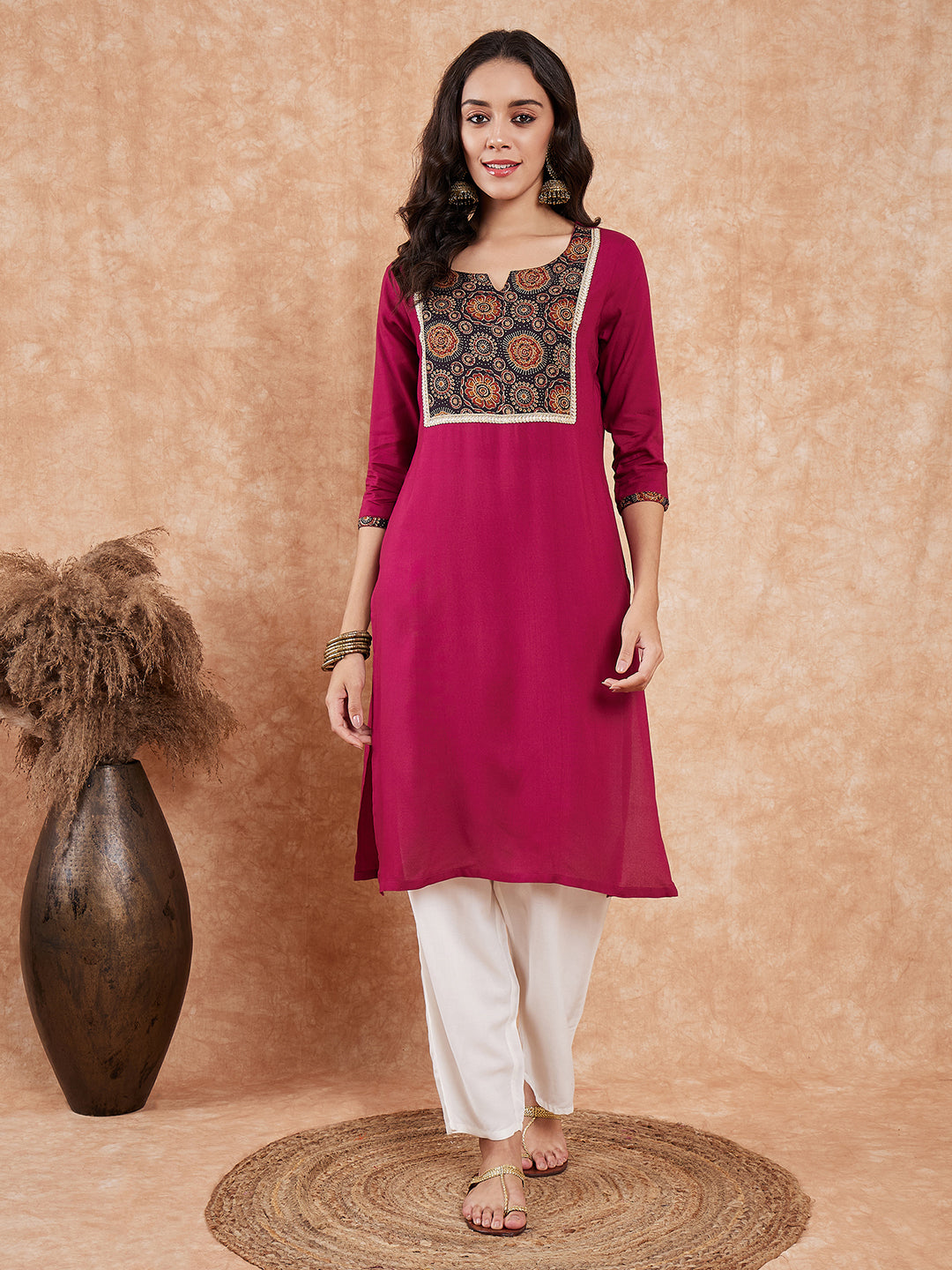 InWeave Women's Wine Printed Neck Patch Work Straight Kurta | Grocsy