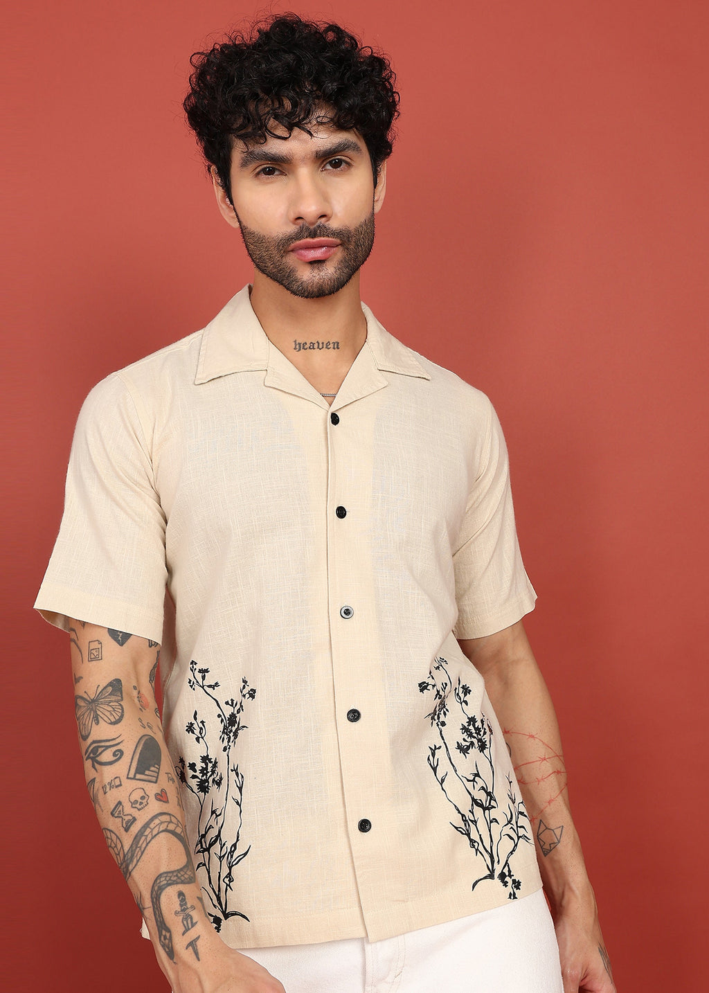 Fabmade Beige Bloom Embroidered Resort Shirt | Grocsy