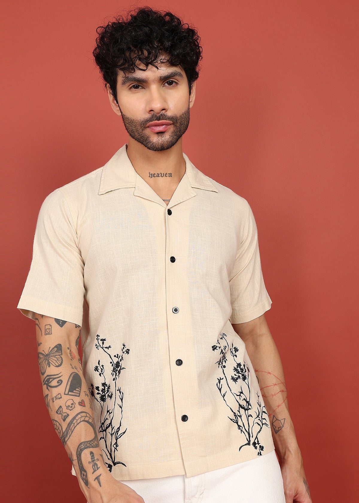 Fabmade Beige Bloom Embroidered Resort Shirt | Grocsy