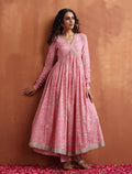 trueBrowns Pink Print Flared Anarkali Kurta Set | Grocsy
