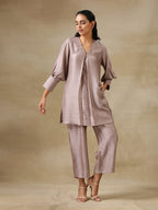 trueBrowns Grey Textured Silk Neck Pleat Co-Ord Set | Grocsy