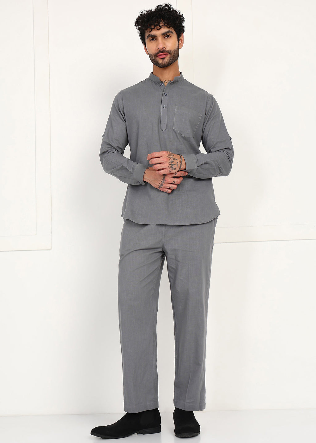 Fabmade Slate Grey Linen Short Kurta Co-Ord Set | Grocsy