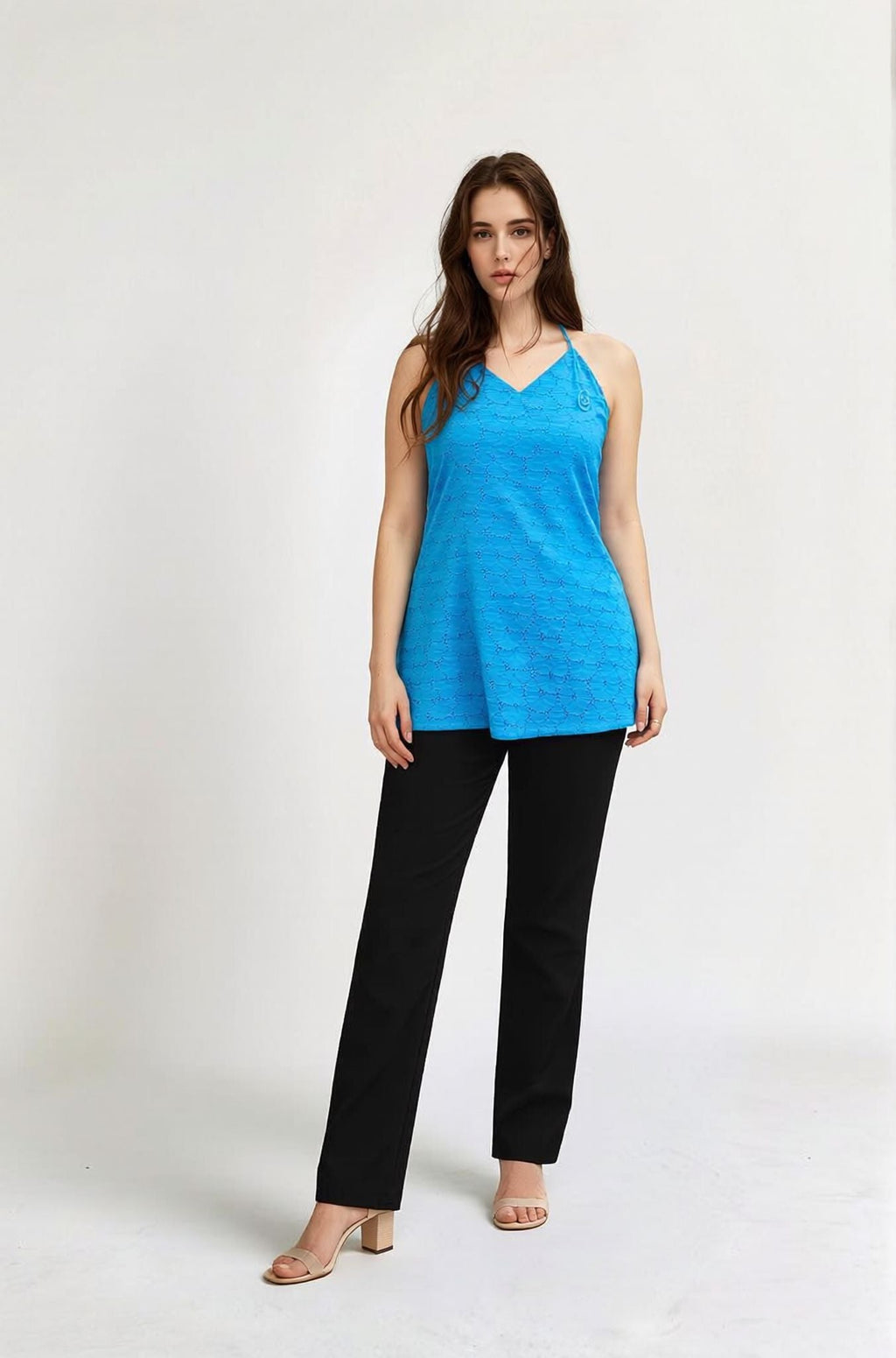 Myshka Women Blue Schiffili Work Halter Neck Longline Top | Grocsy