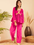 InWeave Women's Magenta Mughal Shaan Style Velvet Short Kurta Set | Grocsy