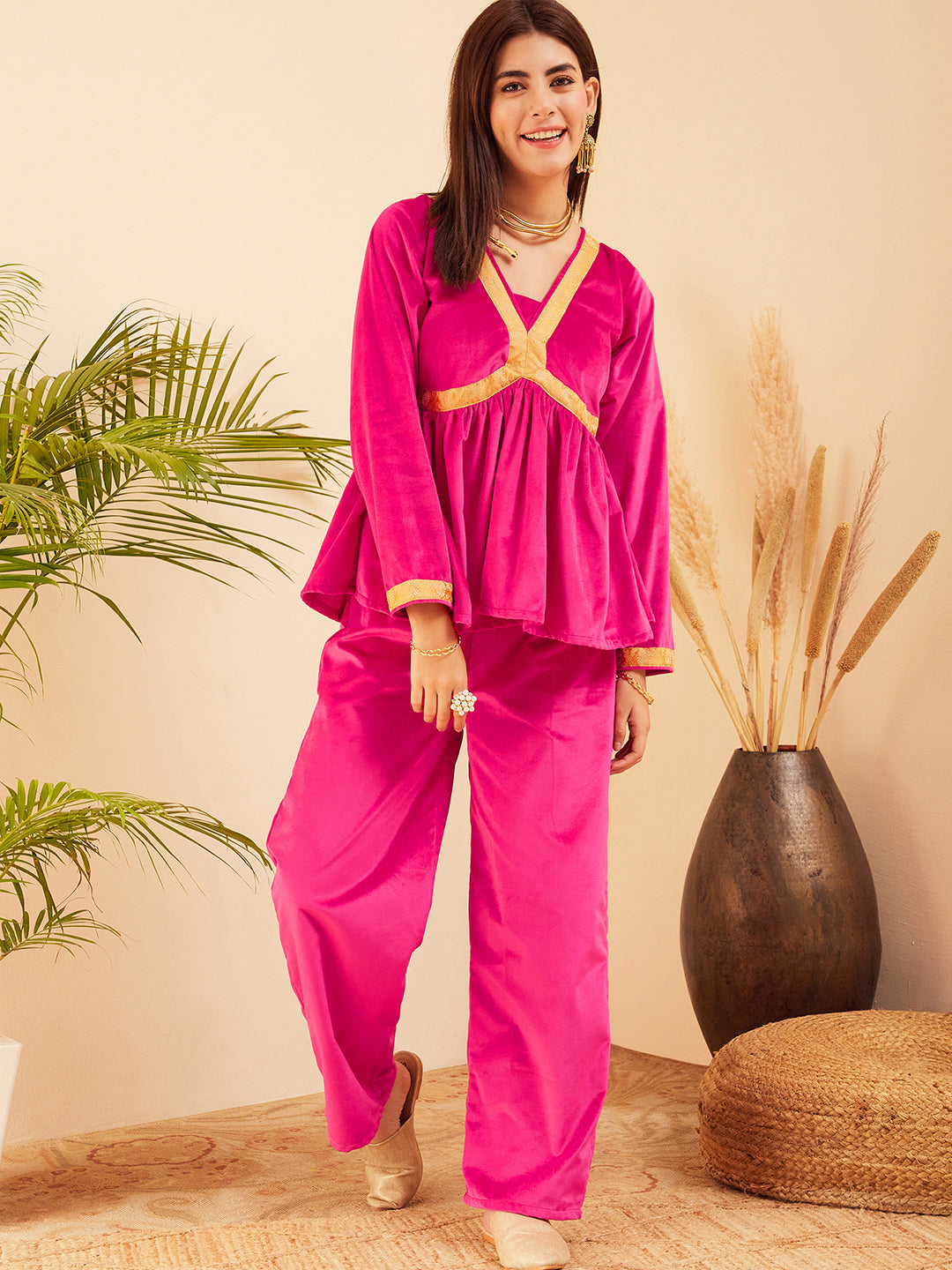InWeave Women's Magenta Mughal Shaan Style Velvet Short Kurta Set | Grocsy