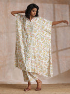 trueBrowns Pink Yellow Floral On White Block Print Cotton Panel Kaftan Kurta Pant Set | Grocsy
