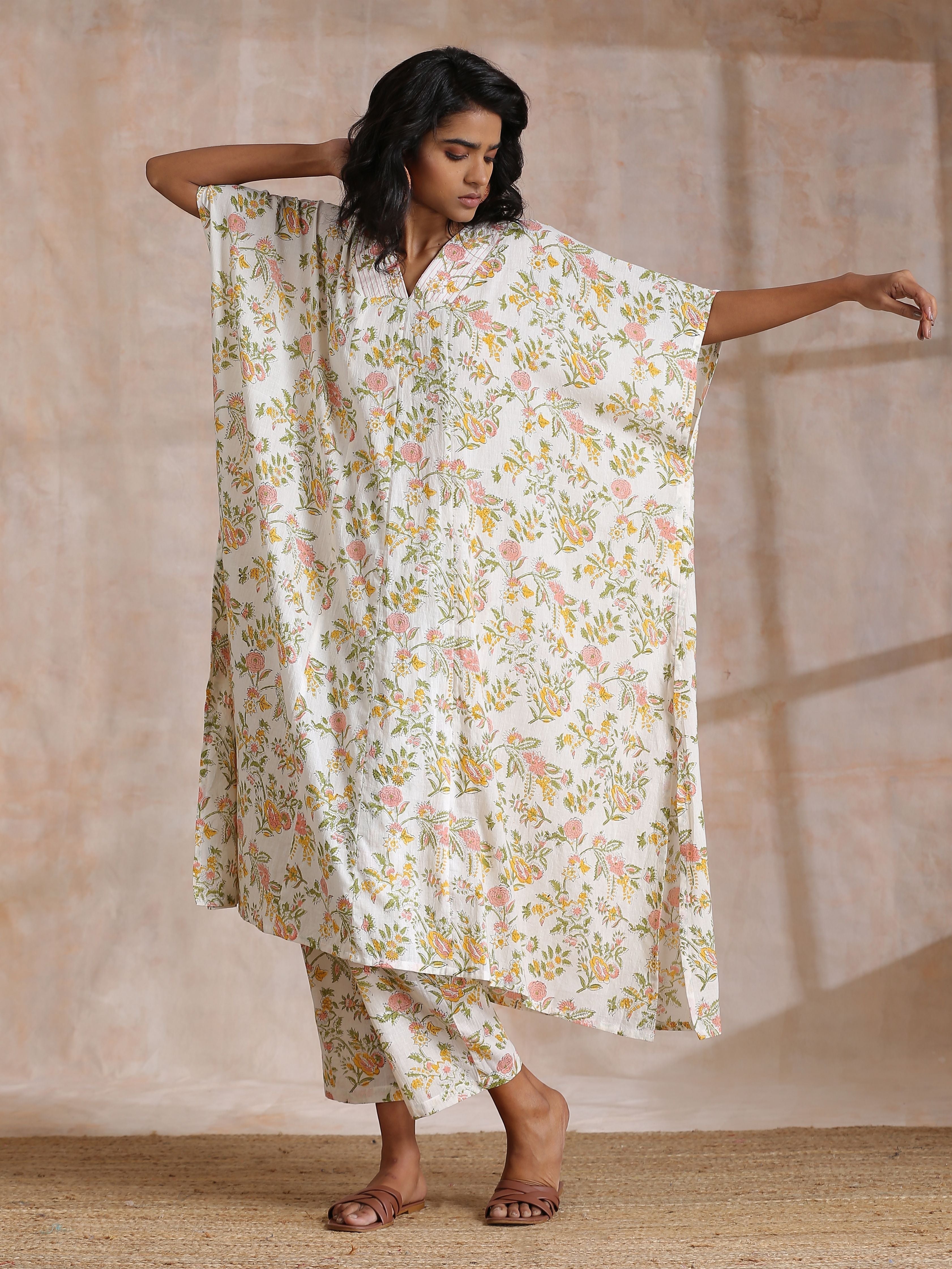 trueBrowns Pink Yellow Floral On White Block Print Cotton Panel Kaftan Kurta Pant Set | Grocsy
