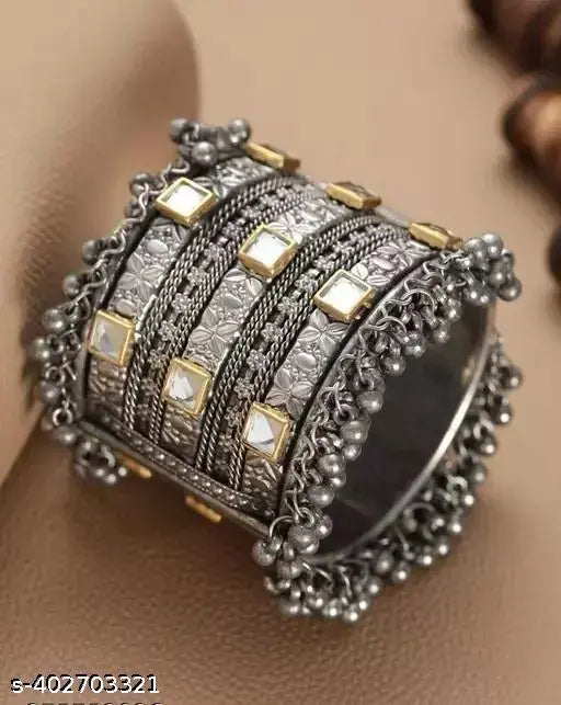 Tehzeeb Creations Women's Silver Colour Oxidised Bangle With Kundan | Grocsy
