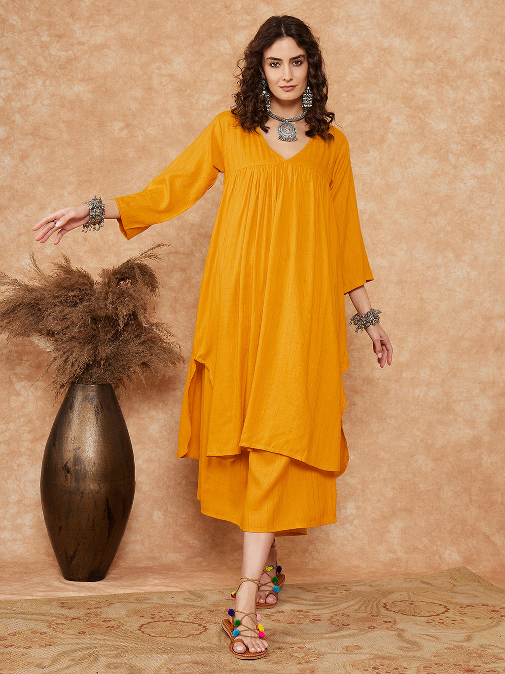InWeave Women's Mustard Lurex Flared V Neck Kurta Palazzo Set | Grocsy