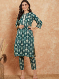 InWeave Women's Peacock Blue Ikkat Print Gota Work Straight Kurta Pant Set | Grocsy