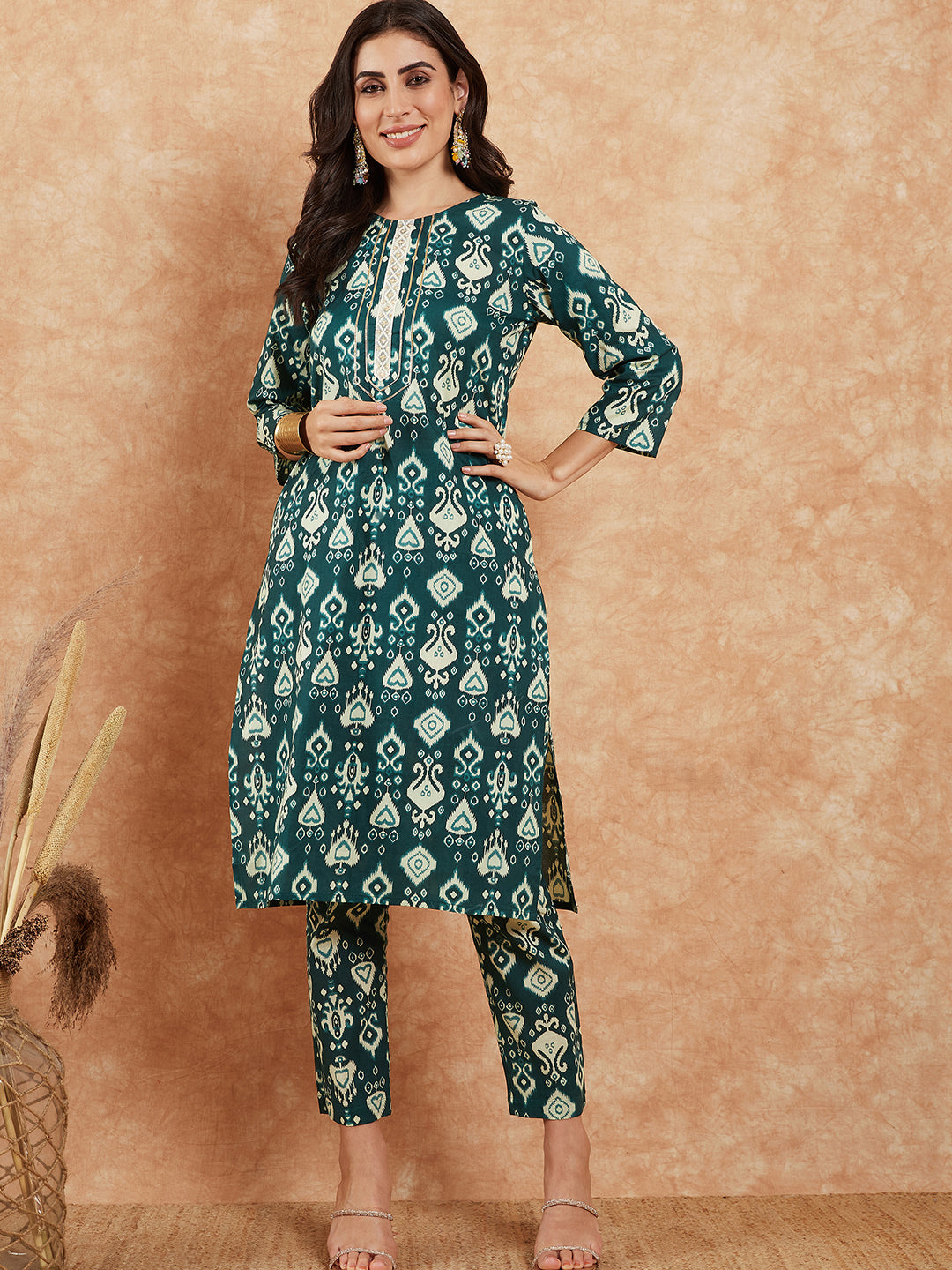 InWeave Women's Peacock Blue Ikkat Print Gota Work Straight Kurta Pant Set | Grocsy