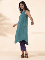 trueBrowns Turquoise Cotton Dobby Sleeveless Kurta Pant Set | Grocsy