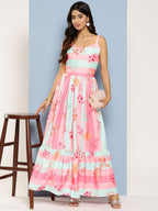 Ahalyaa Striped Floral Print Crepe Maxi Ethnic Dress | Grocsy