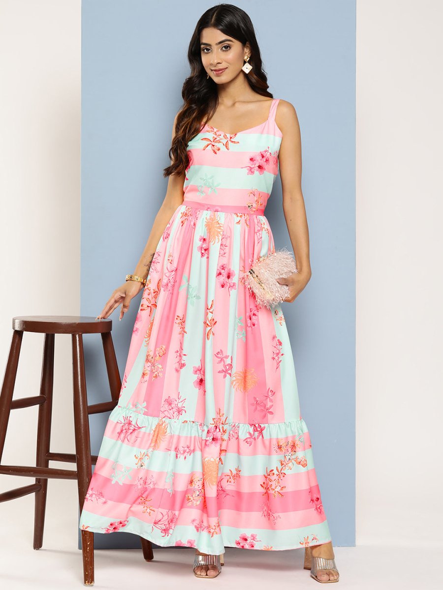 Ahalyaa Striped Floral Print Crepe Maxi Ethnic Dress | Grocsy