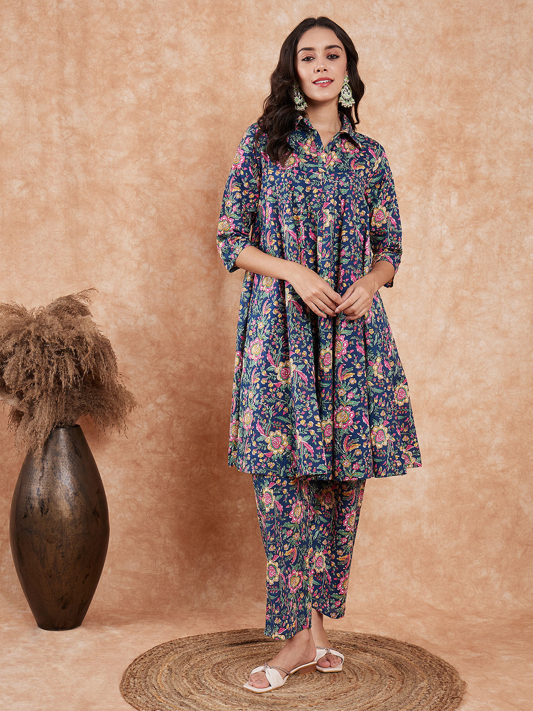 InWeave Women's Blue Green Pink Floral Print Flared Kurta Pant Set | Grocsy