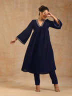 trueBrowns Midnight Blue Velvet Embroidered Kurta | Grocsy