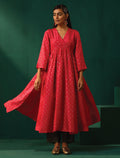 trueBrowns Pink Square Viscose Silk V-Neck Waist Gathered Kurta Pant Set | Grocsy