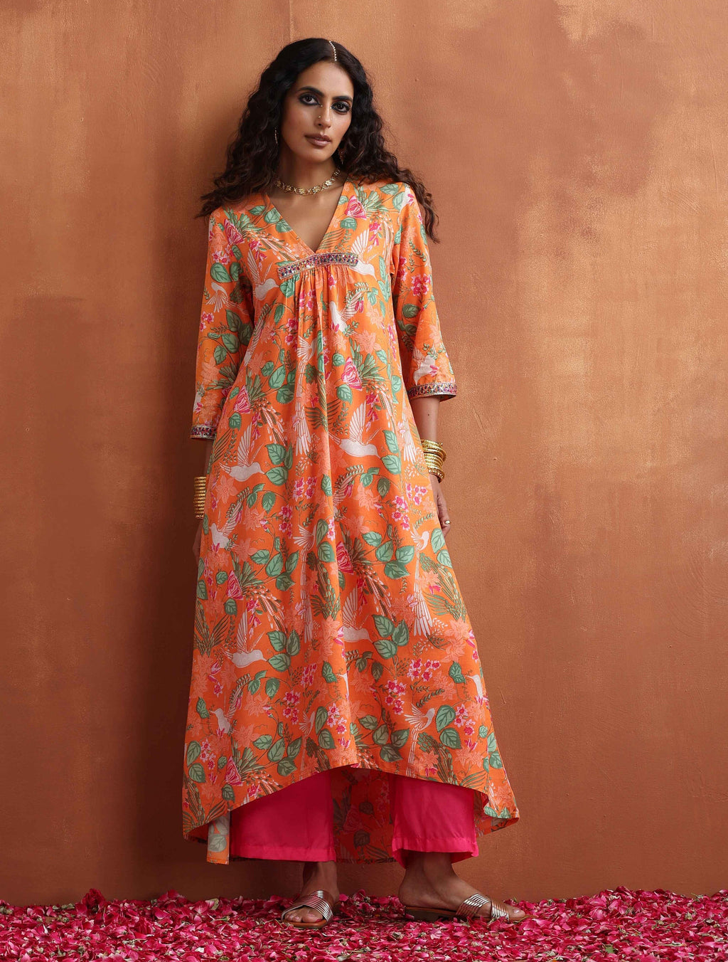 trueBrowns Orange Floral Print A-line Kurta Set | Grocsy