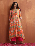 trueBrowns Orange Floral Print A-line Kurta Set | Grocsy
