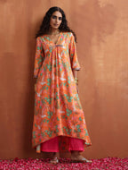 trueBrowns Orange Floral Print A-line Kurta Set | Grocsy