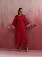 trueBrowns Red Straight Cotton Dobby Kurta Set | Grocsy