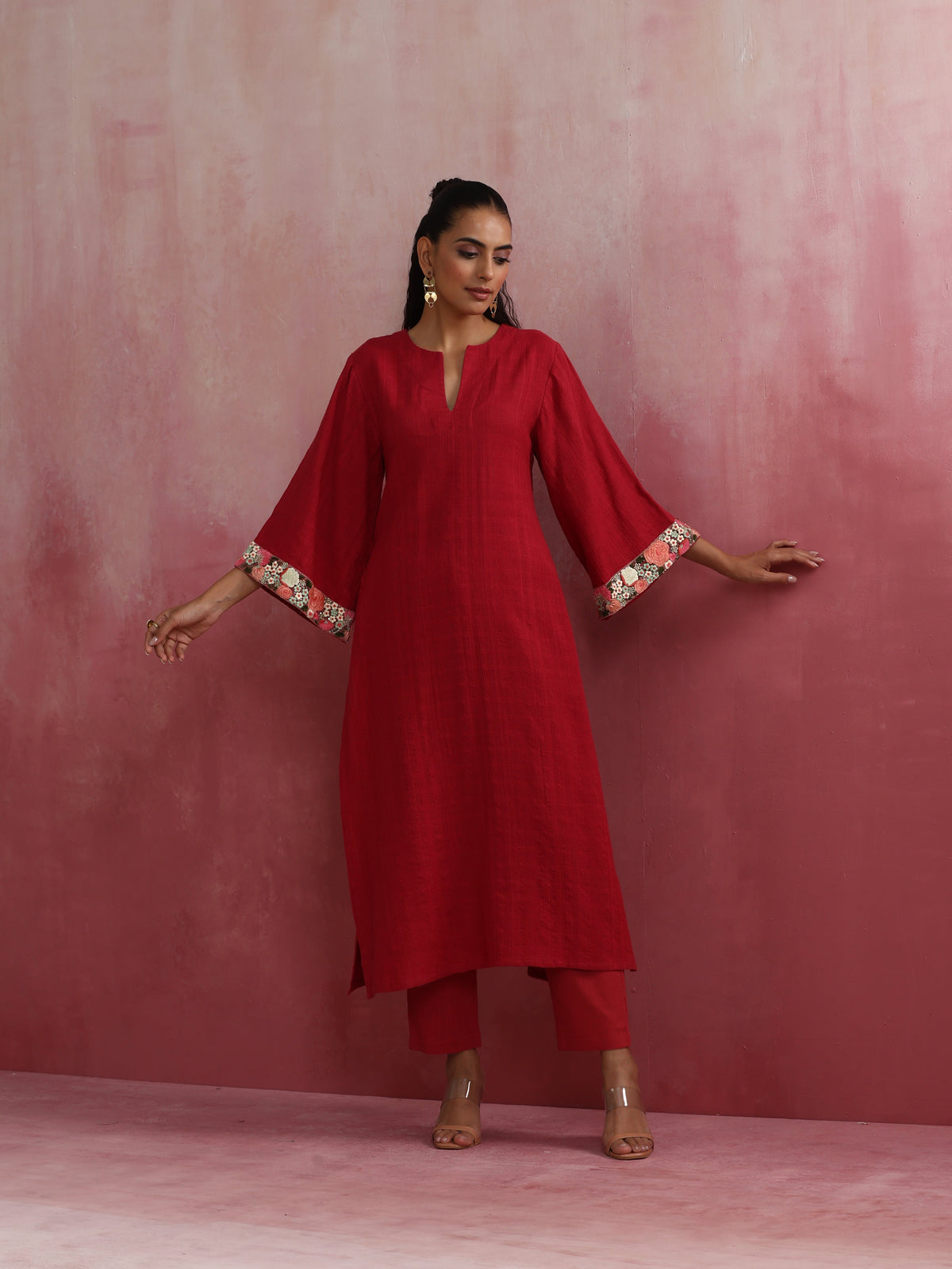 trueBrowns Red Straight Cotton Dobby Kurta Set | Grocsy