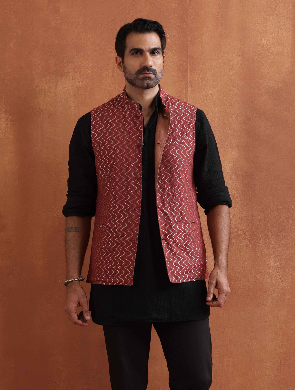 trueBrowns Men's Rust Cotton Dobby Nehru Jacket | Grocsy