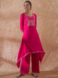 InWeave Women's Magenta Emb Assymetrical Kurta Pant Set | Grocsy