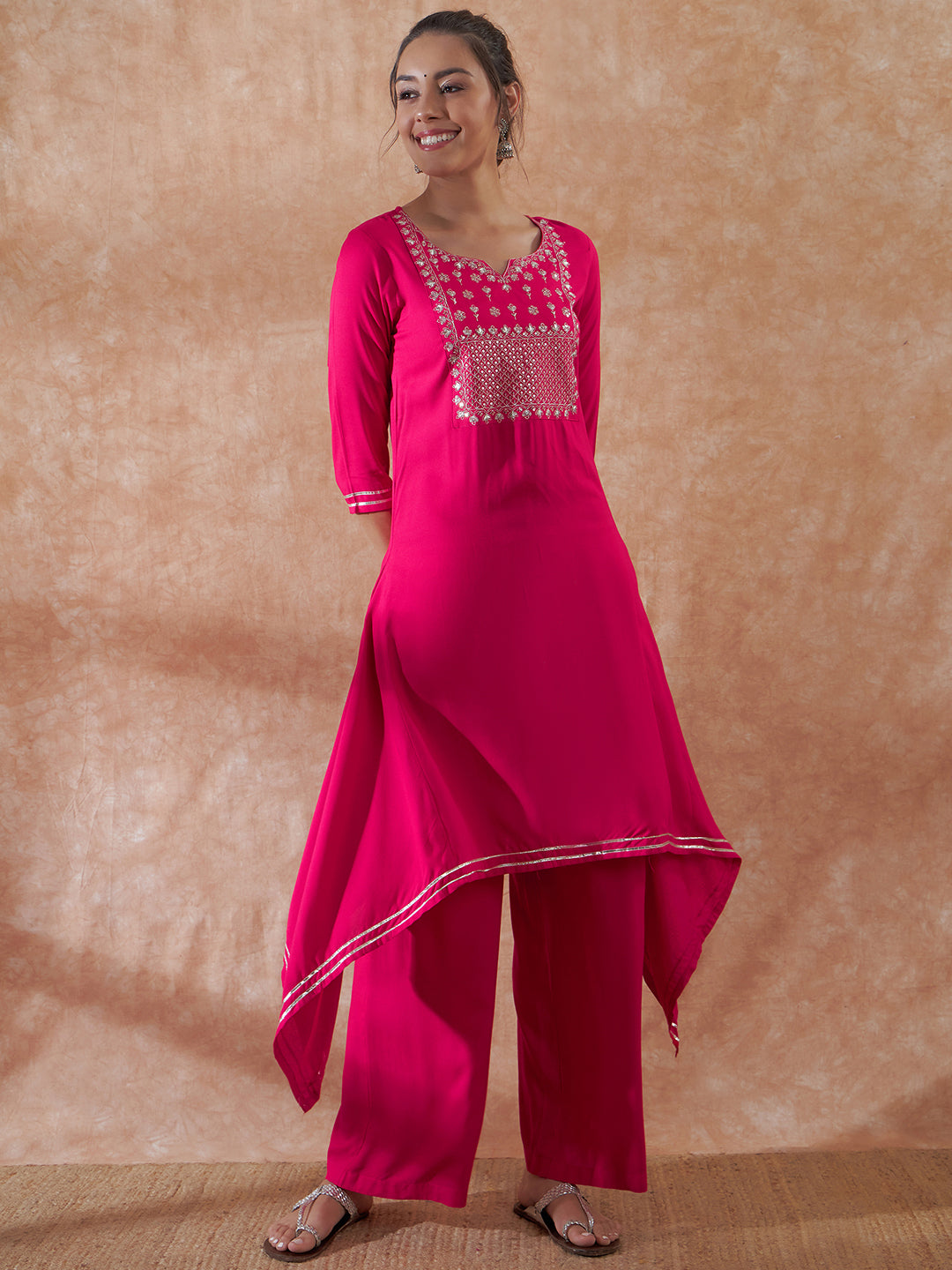InWeave Women's Magenta Emb Assymetrical Kurta Pant Set | Grocsy