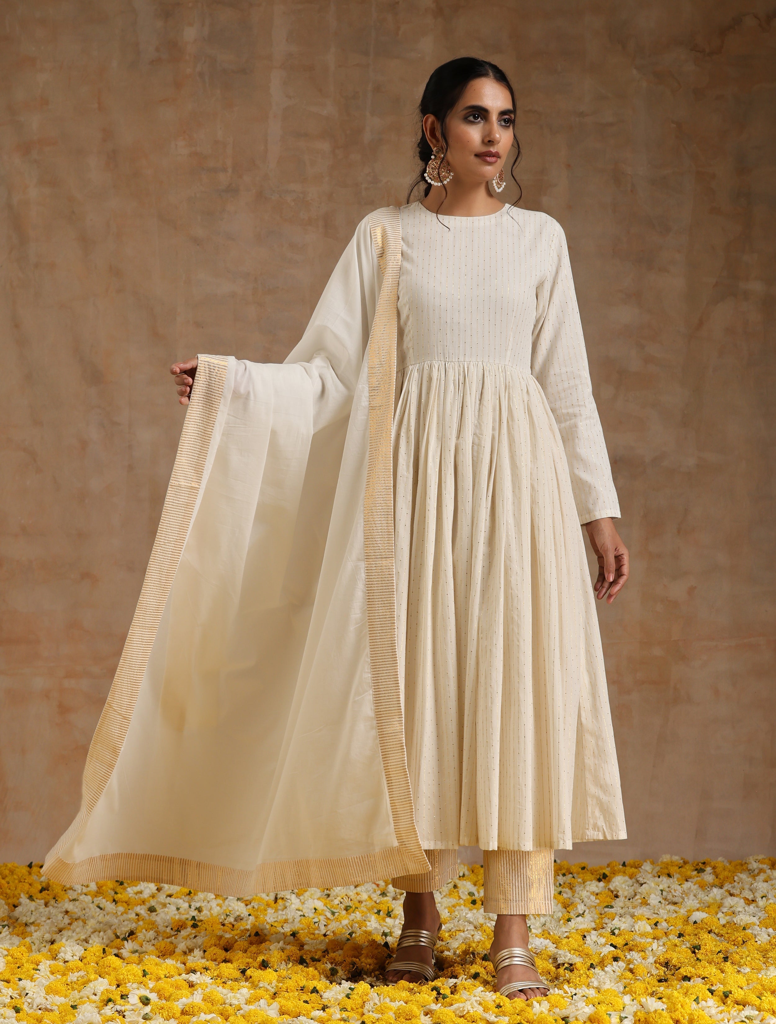 trueBrowns Ivory Gold Cotton Anarkali Set | Grocsy