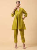 trueBrowns Cotton Linen Lime Green Pleated Co-Ord Set | Grocsy