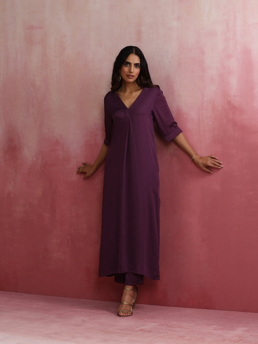 trueBrowns Purple Modal Pleated Kurta Set | Grocsy