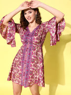 InWeave Women's Fuchsia Floral Prnited Bell Sleeve Short Dress | Grocsy