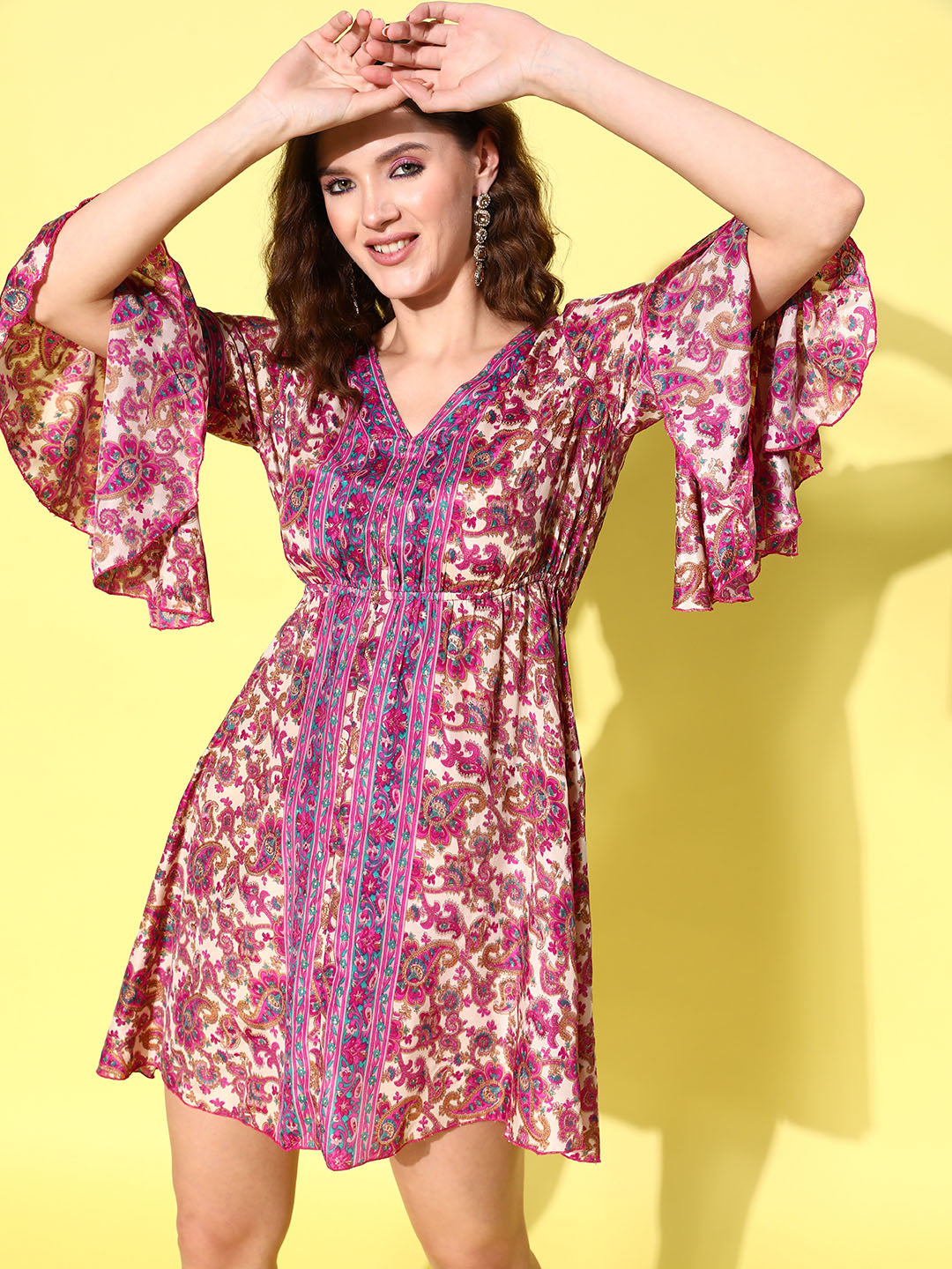 InWeave Women's Fuchsia Floral Prnited Bell Sleeve Short Dress | Grocsy