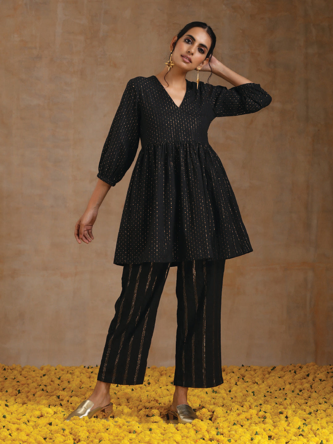 trueBrowns Black Gold Cotton Overlap Co-Ord Set | Grocsy