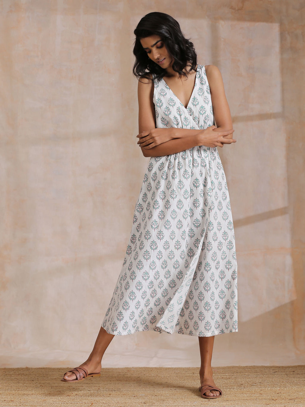 trueBrowns Green Buta On White Block Print Cotton Sleeveless Wrap Dress | Grocsy
